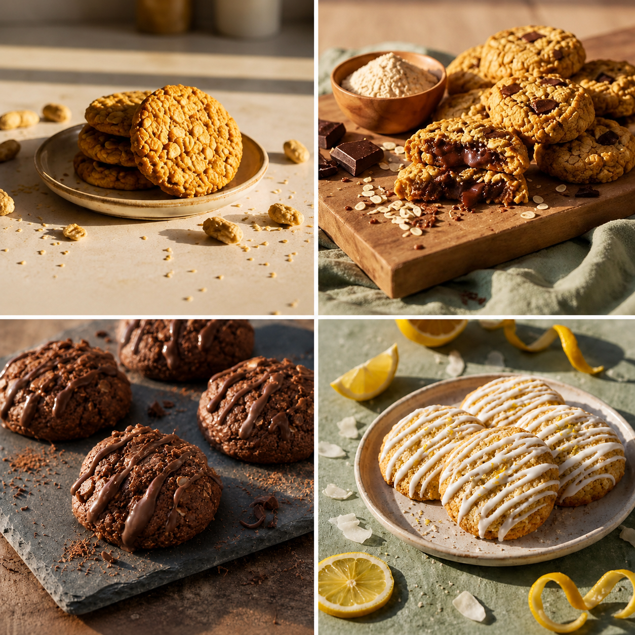 Collage of Honey's Baking Company lactation cookies: peanut butter oat, oatmeal chocolate chip, double chocolate fudge, and lemon coconut bliss