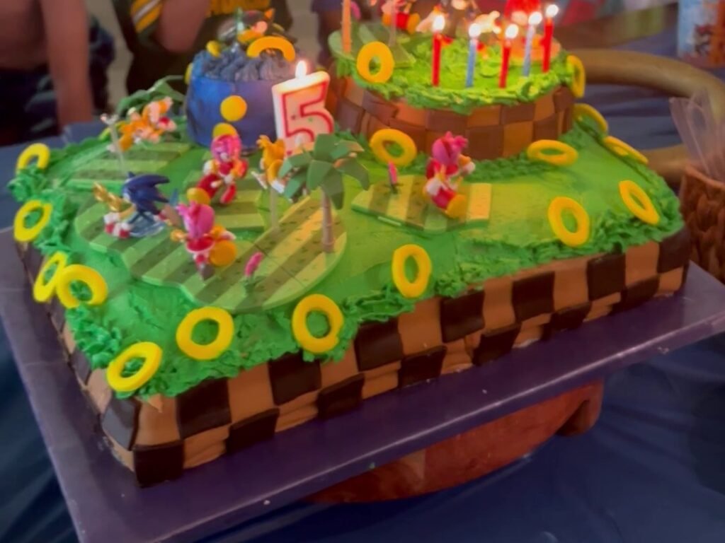 Custom Sonic the Hedgehog cake with green hill scenery, gold rings, and a number 5 candle by Honey’s Baking Company