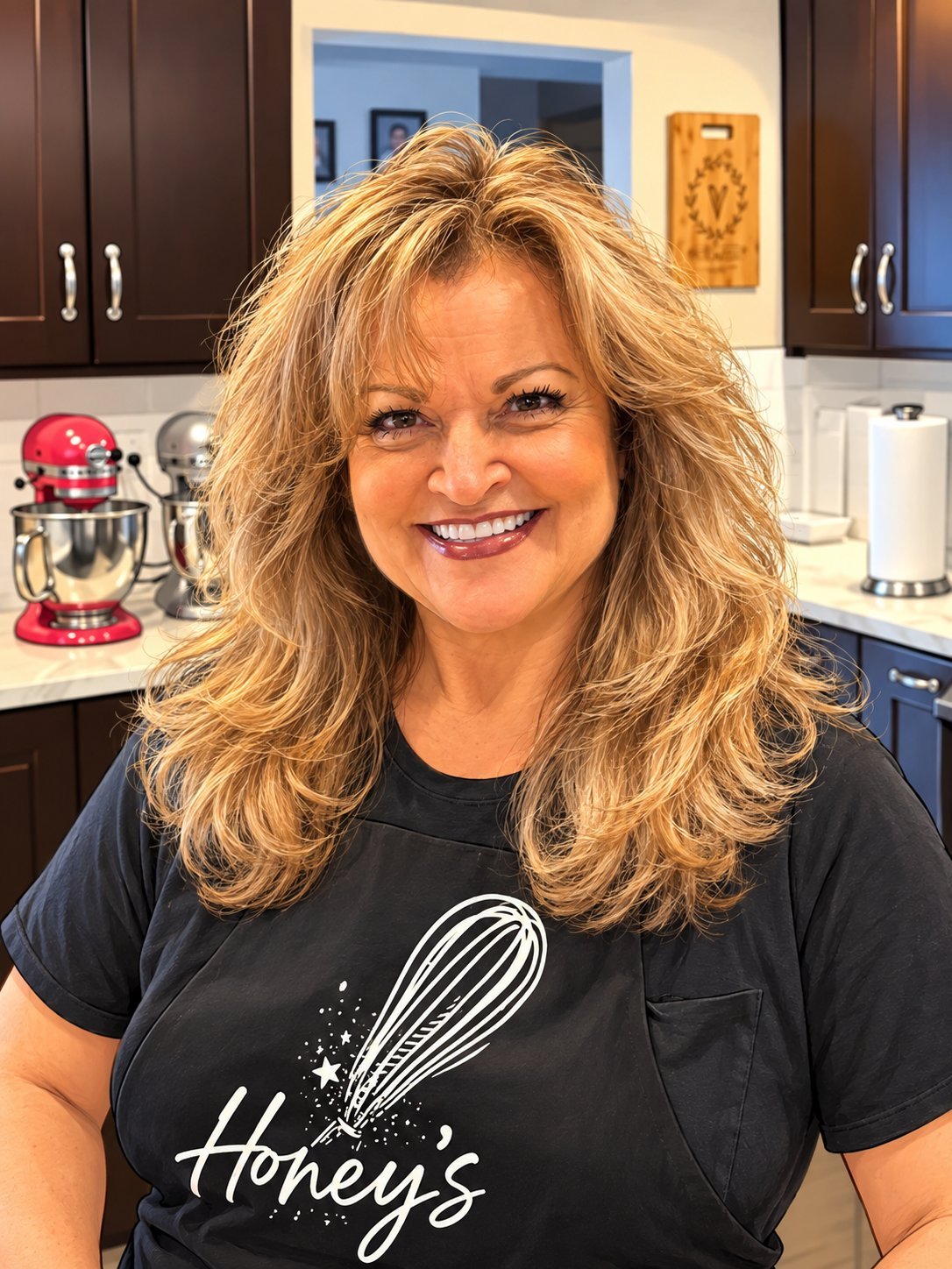 Honey, owner of Honey's Baking Company, smiling in her home kitchen