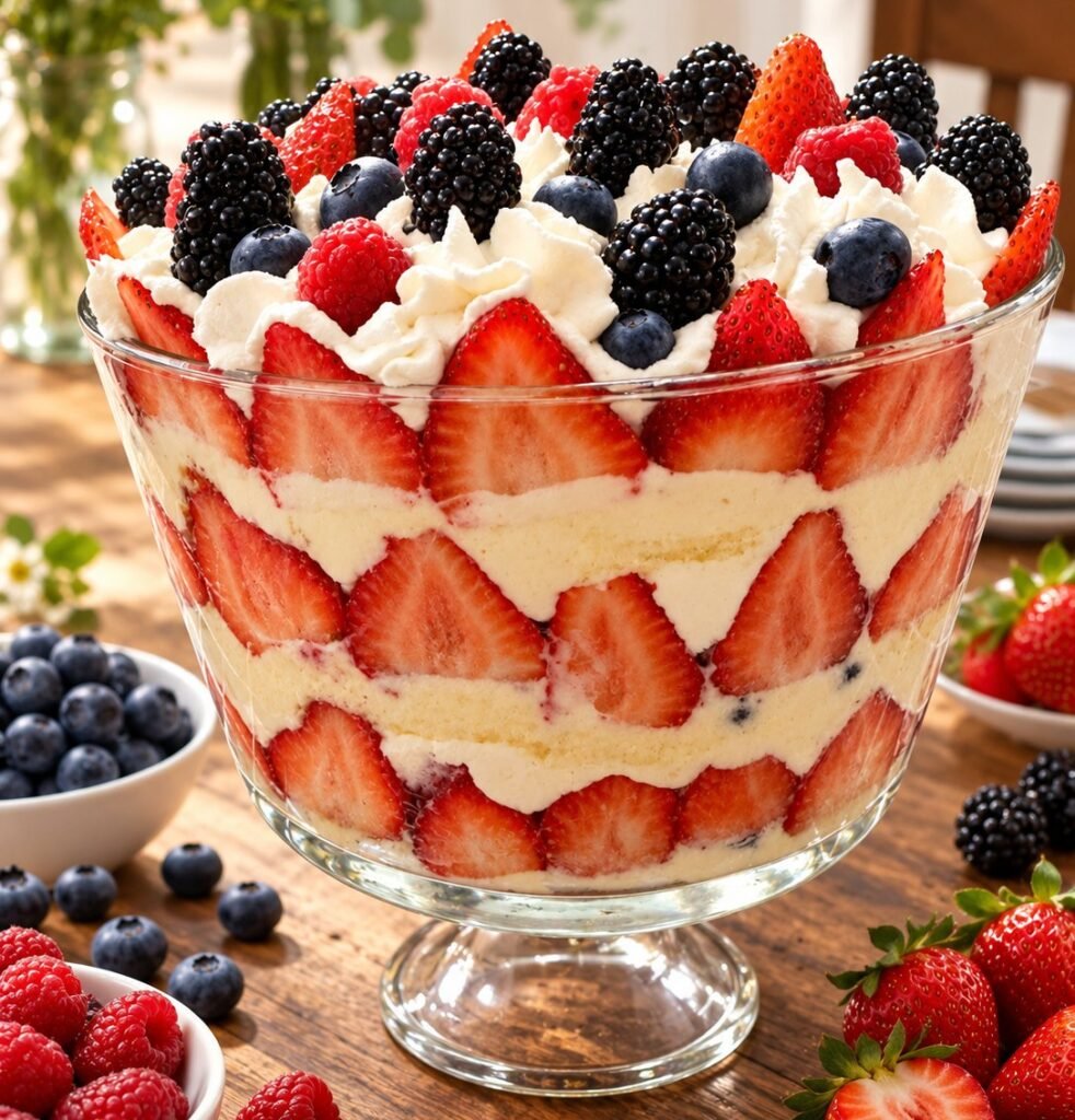 Berry tiramisu trifle layered with cream, cake, and fresh strawberries, blueberries, raspberries, and blackberries